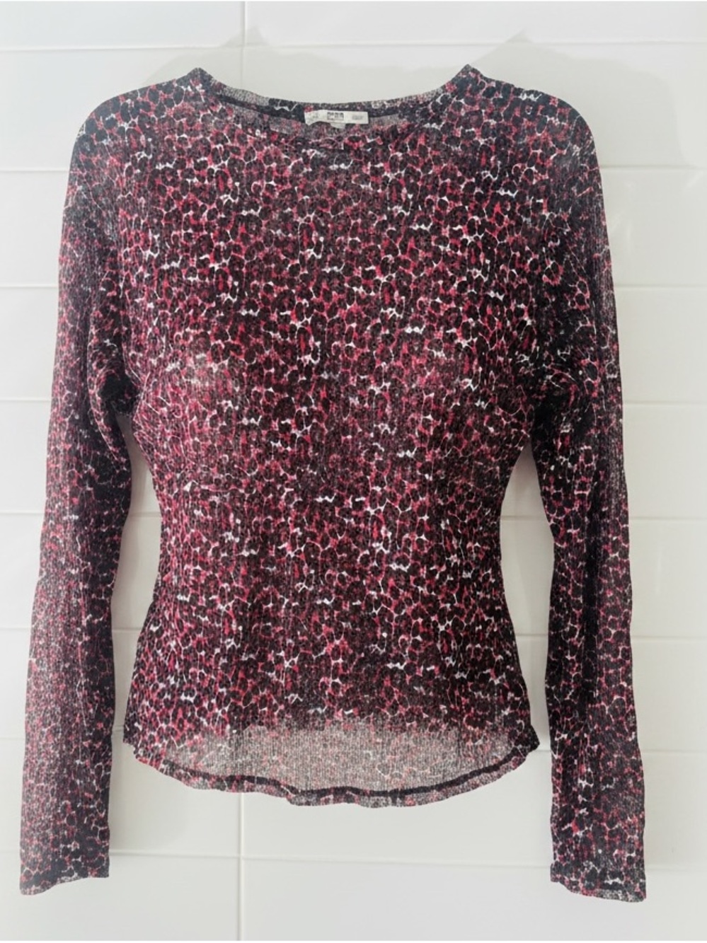 Zara Fall Long-Sleeve Semi Sheer Animal Print Top in Cherry Red/ Black